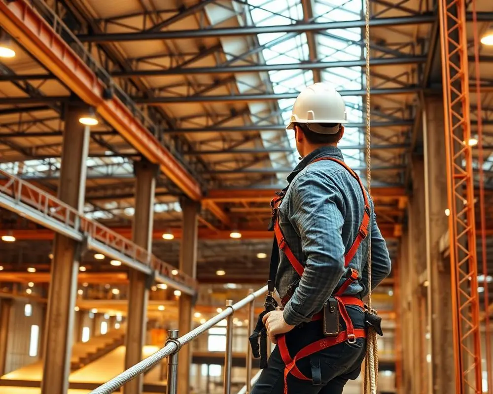 Trabalhador com cinto de segurança em estrutura industrial
